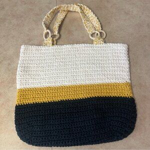 New Handcrafted Crochet Navy, Mustard & Ivory Tote Bag
